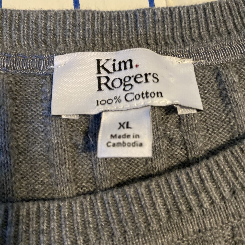Kim Rogers Grey Cable Knit Button Shoulder 100% Cotton Crew Neck Sweater Size XL - Picture 3 of 6